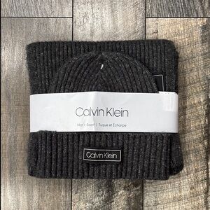 Calvin Klein Charcoal Ribbed Hat and Scarf Set